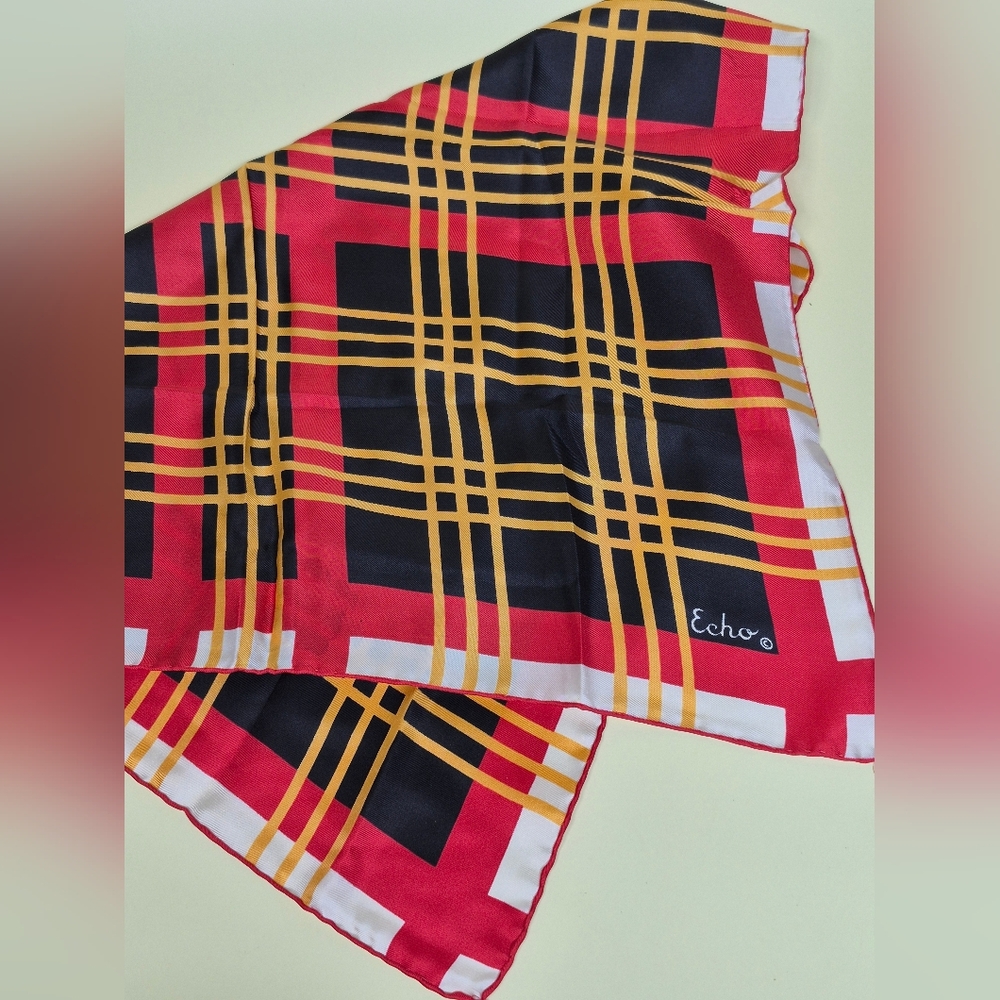 Echo Vibrant Red and Yellow Checkered Scarf Vintage c.1960-70